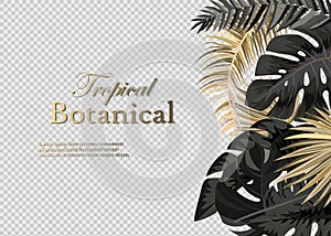 Vector vertical wedding invitation cards set with black and gold tropical leaves on dark background. Luxury exotic