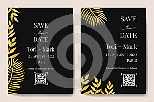 Vector vertical wedding invitation cards set with black and gold tropical leaves on dark background. Luxury exotic