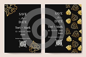 Vector vertical wedding invitation cards set with black and gold tropical leaves on dark background. Luxury exotic