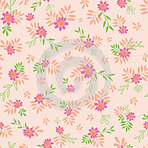 Vector vibrant colours daisy ditsy on delicate peachy pink vector seamless pattern design