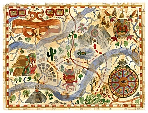 Vector vintage adventures map with pirate treasures, aztecs gods, compass.