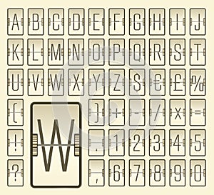 Vector vintage airport terminal retro mechanical scoreboard narrow font with gears to display flight departure info