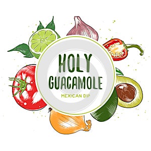 Vector vintage background with engraved hand drawn sketches of guacamole ingredients. Organic craft vegetables and spices