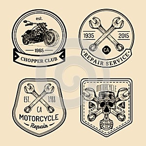 Vector vintage biker club signs. Motorcycle repair logos set. Hand sketched garage labels. Custom chopper store emblems.