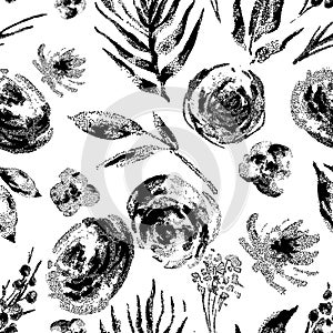 Vector vintage black and white floral seamless pattern flowers