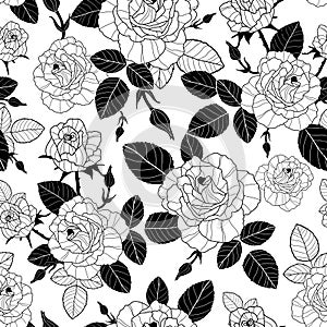 Vector vintage black and white roses and leaves seamless repeat pattern. Great for retro fabric, wallpaper, scrapbooking