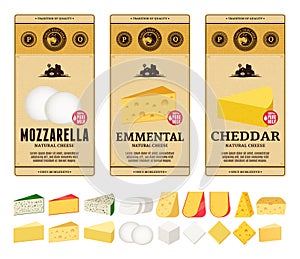 Vector vintage cheese labels and different types of cheese detailed icons