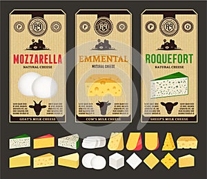 Vector vintage cheese labels and different types of cheese detailed icons