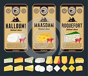 Vector vintage cheese labels and different types of cheese detailed icons