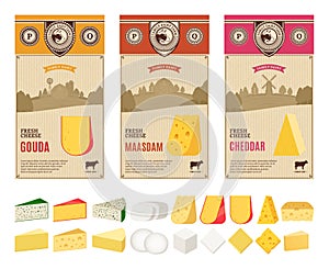 Vector vintage cheese labels with farming landscape and different types of cheese detailed icons