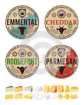 Vector vintage cheese round labels and different types of cheese detailed icons