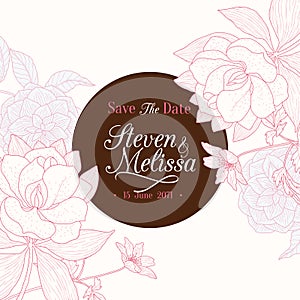 Vector Vintage Chocolate Brown Pink Round Frame Floral Drawing Wedding Invitation Card