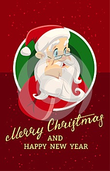 Vector vintage Christmas greeting card with cartoon Santa Claus holding a present behind a signboard. Retro illustration