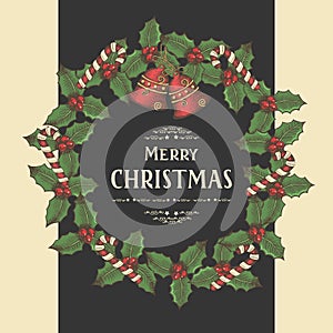 Vector Vintage Christmas postcard with wreath of leaves of holly, bells and candies with greeting inscription on black. Merry