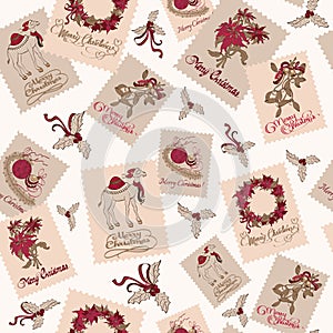 Vector Vintage Christmas Stamps Light Seamless