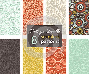Vector Vintage Doodle Repeat Seamless Patterns 8 Set With Various Hand Drawn Textures