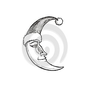 Vector vintage drawing with crescent in Santa`s hat isolated on white. Christmas illustration with fairy character in engraving