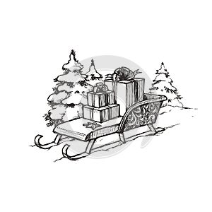 Vector vintage drawing with sled on snow in engraving style. Hand drawn Christmas illustration with gift boxes on sleigh. New Year