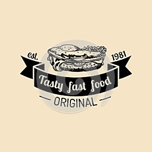 Vector vintage fast food logo. Hipster natural sandwich label, sign. Bistro icon. Street eatery emblem.