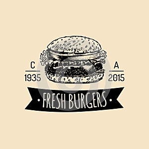 Vector vintage fast food logo. Retro hand drawn burger label. Hipster sandwich sign. Bistro icon. Street eatery emblem.