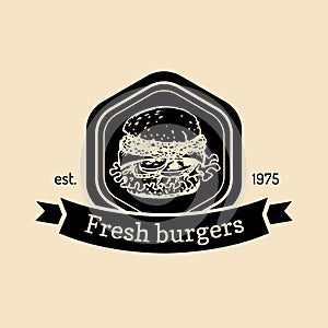 Vector vintage fast food logo. Retro hand drawn fresh burger label. Hipster sandwich sign. Bistro, street eatery emblem.