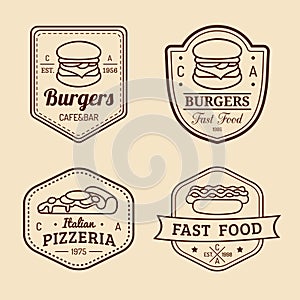 Vector vintage fast food logos set. Retro eating signs collection. Bistro, snack bar, street restaurant icons.