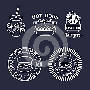 Vector vintage fast food logos set. Retro eating signs collection. Bistro, snack bar, street restaurant icons.
