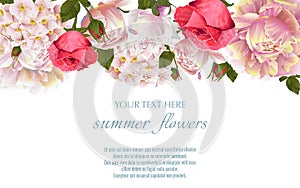 Vector vintage floral border with peony and roses flovers.