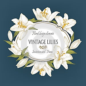 Vector vintage floral card with a frame of white lilies on blue background
