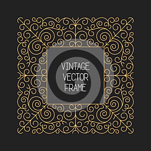 Vector vintage floral frame on black background in mono thin line style