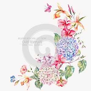 Vector vintage floral greeting card with hydrangeas, orchids