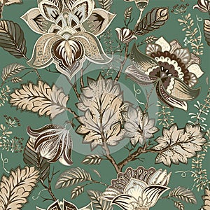 Vector vintage floral pattern, Provence style. Big stylized flowers on a green background. Design for web, textile