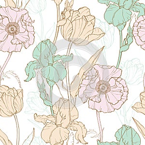 Vector Vintage Flowers Pastel Seamless Repeat Pattern With Tulips, Poppies, Iris In Classic Retro Style Textile Design