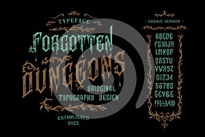 Vector vintage font Dungeon. Letters and numbers