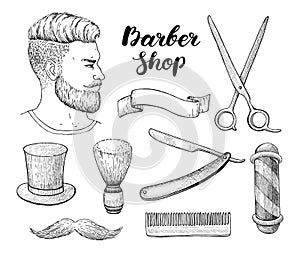 Vector vintage hand drawn Barber Shop set. Detailed illustration