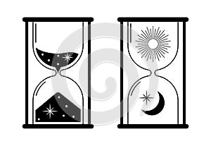 Vector vintage hourglass with dark starry sand inside to measure time. Esoteric astrology symbol isolated on white