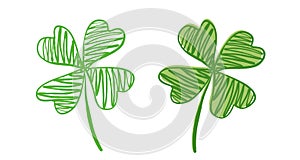 Vector vintage icon of clover for Patrick`s day. Vintage lucky clover with four leaf in hand drawing style