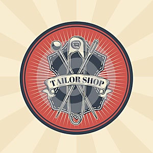 Vector vintage illustration of badge, sticker, sign for tailor s shop with a needle, pin and safety pin