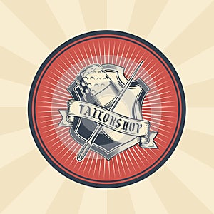 Vector vintage illustration of badge, sticker, sign for tailor s shop with a needle and thimble