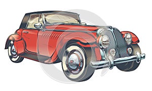 Vector vintage illustration of red retro car in engraving style
