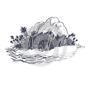 Vector vintage illustration of Treasure Island in engraving style. Hand drawn sketch of tropical landscape with trees and sea.