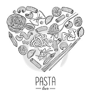Vector vintage italian pasta restaurant illustration in heart sh
