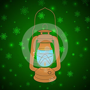 Vector vintage kerosene lamp on a green background with snowflak