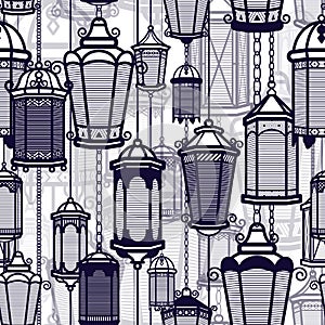 Vector vintage lantern seamless pattern. Classic antique light. Ancient retro lamp design. Traditional silhouette. Old