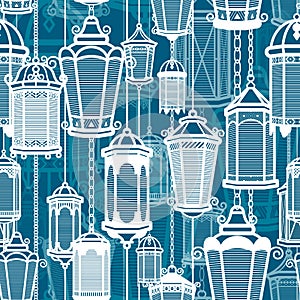 Vector vintage lantern seamless pattern. Classic antique light. Ancient retro lamp design. Traditional silhouette. Old