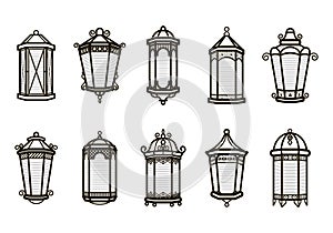 Vector vintage lantern set isolated on white. Classic antique light. Ancient retro lamp design. Traditional silhouette