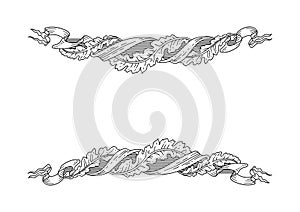 Vector vintage laurels frame with floral swirls, scrolls and ribbons