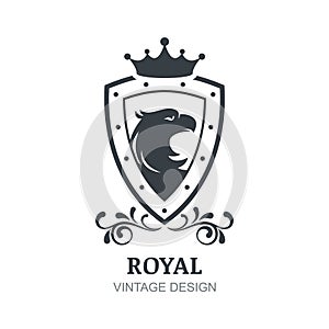 Vector vintage logo design template. Eagle, crown, shield and la