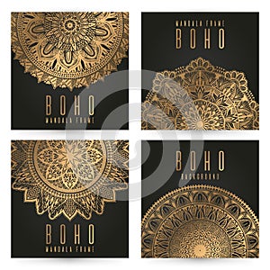 Vector vintage mandala card set,gold color. Oriental design Layout. Islam, Arabic, Indian, ottoman motifs. Front page and back