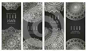 Vector vintage mandala card set.silver color. Oriental design Layout. Islam, Arabic, Indian, ottoman motifs. Front page and back